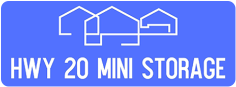 Blue “HWY 20 MINI STORAGE” logo with white outlined house/roof icons