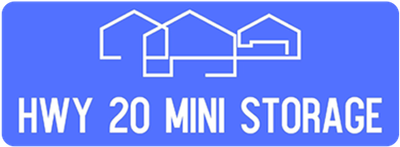 Blue &ldquo;HWY 20 MINI STORAGE&rdquo; logo with white outlined house/roof icons