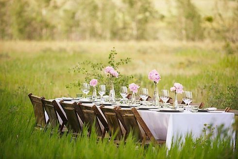Outdoor dining table set in a grassy field with white tablecloth, wooden chairs, and pink flower centerpieces