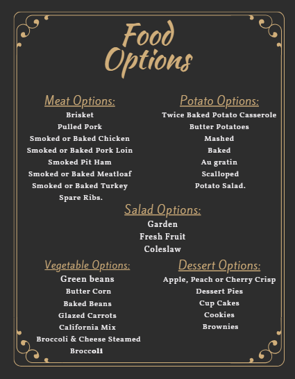 Food options menu on a dark chalkboard-style sign with meat, potato, salad, vegetable, and dessert choices.