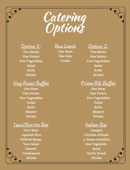 Tan menu titled “Catering Options” listing boxed lunches, subs, wraps, salads, and Italian bar items.