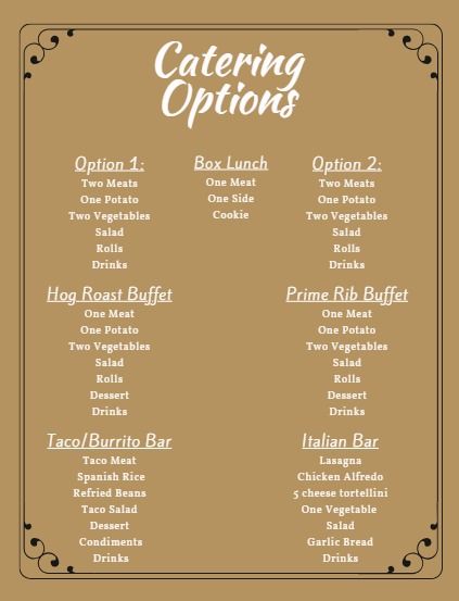 Tan catering menu with options 1, box lunch, and option 2 in white script.