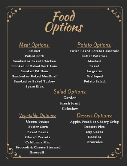 Dark chalkboard-style food menu with categories for meat, potato, salad, vegetable, and dessert options.