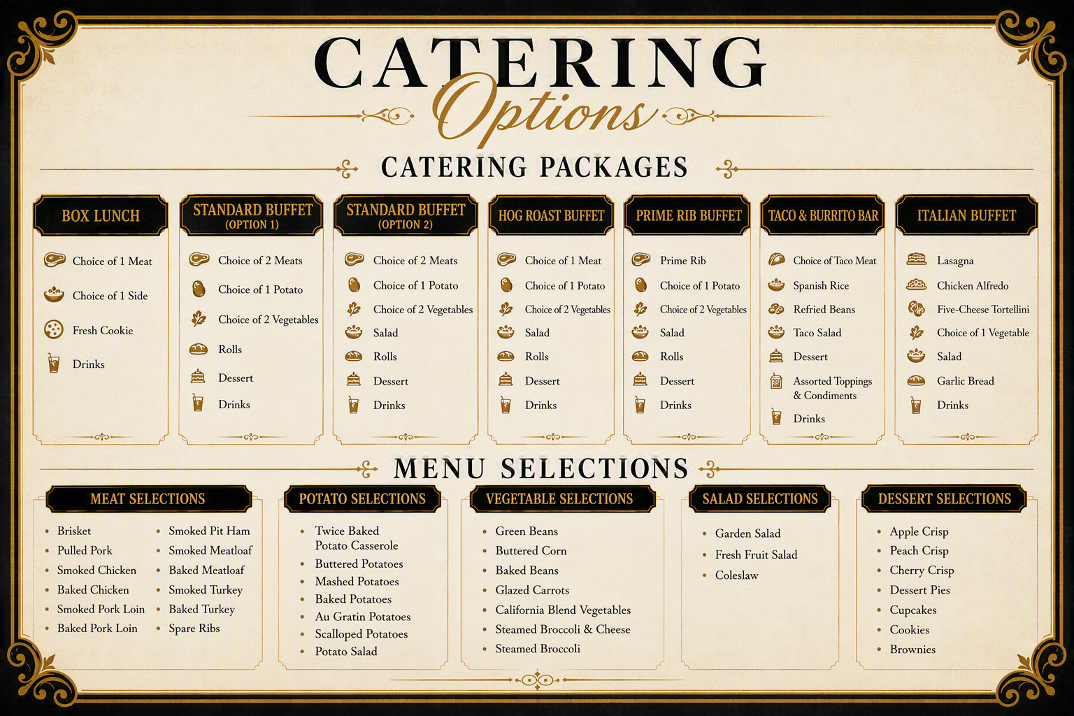 Vintage catering menu board with packages and menu selections in black, gold, and cream layout