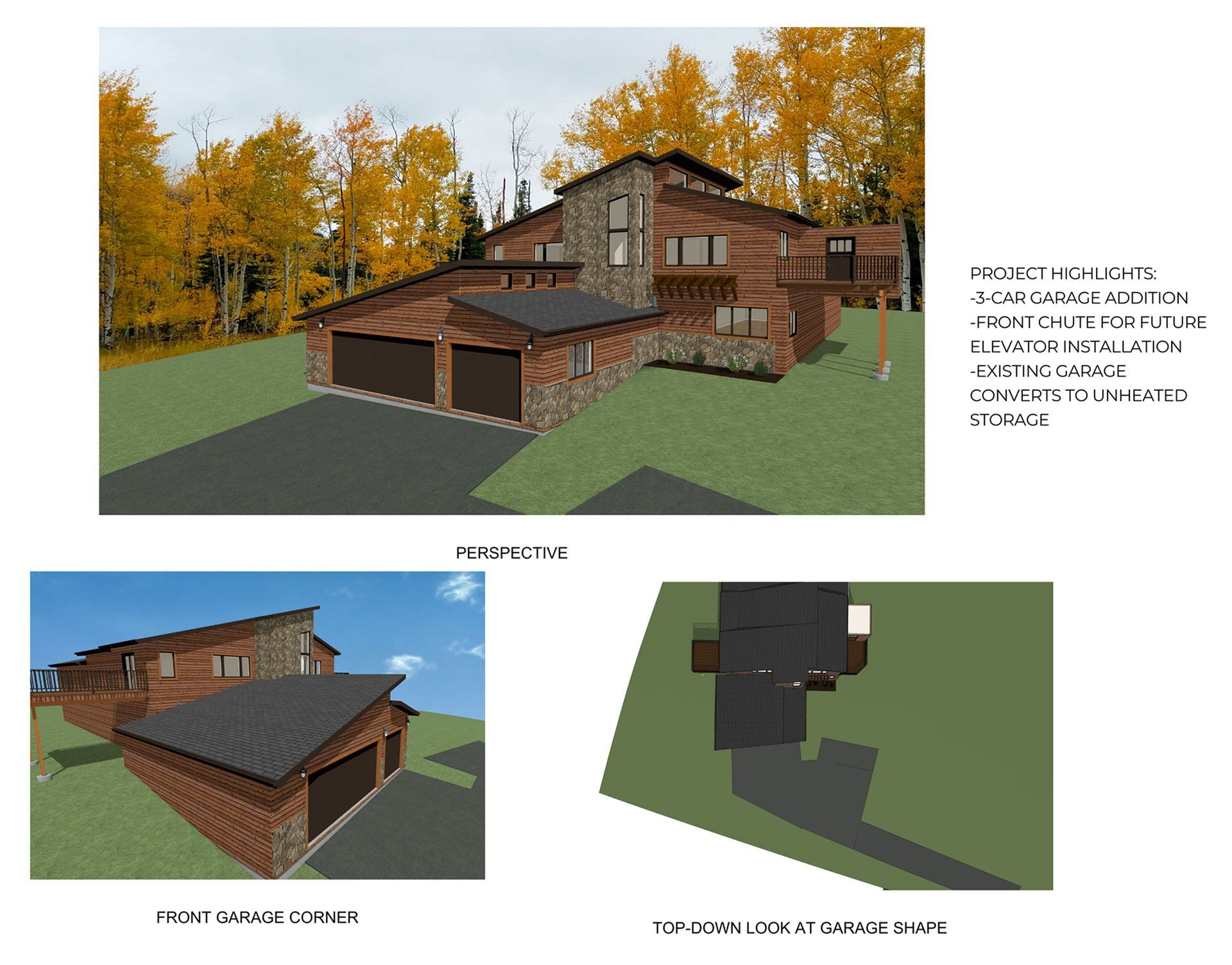 Architectural rendering of a two-story house with a garage, stone and wood siding, and autumn trees