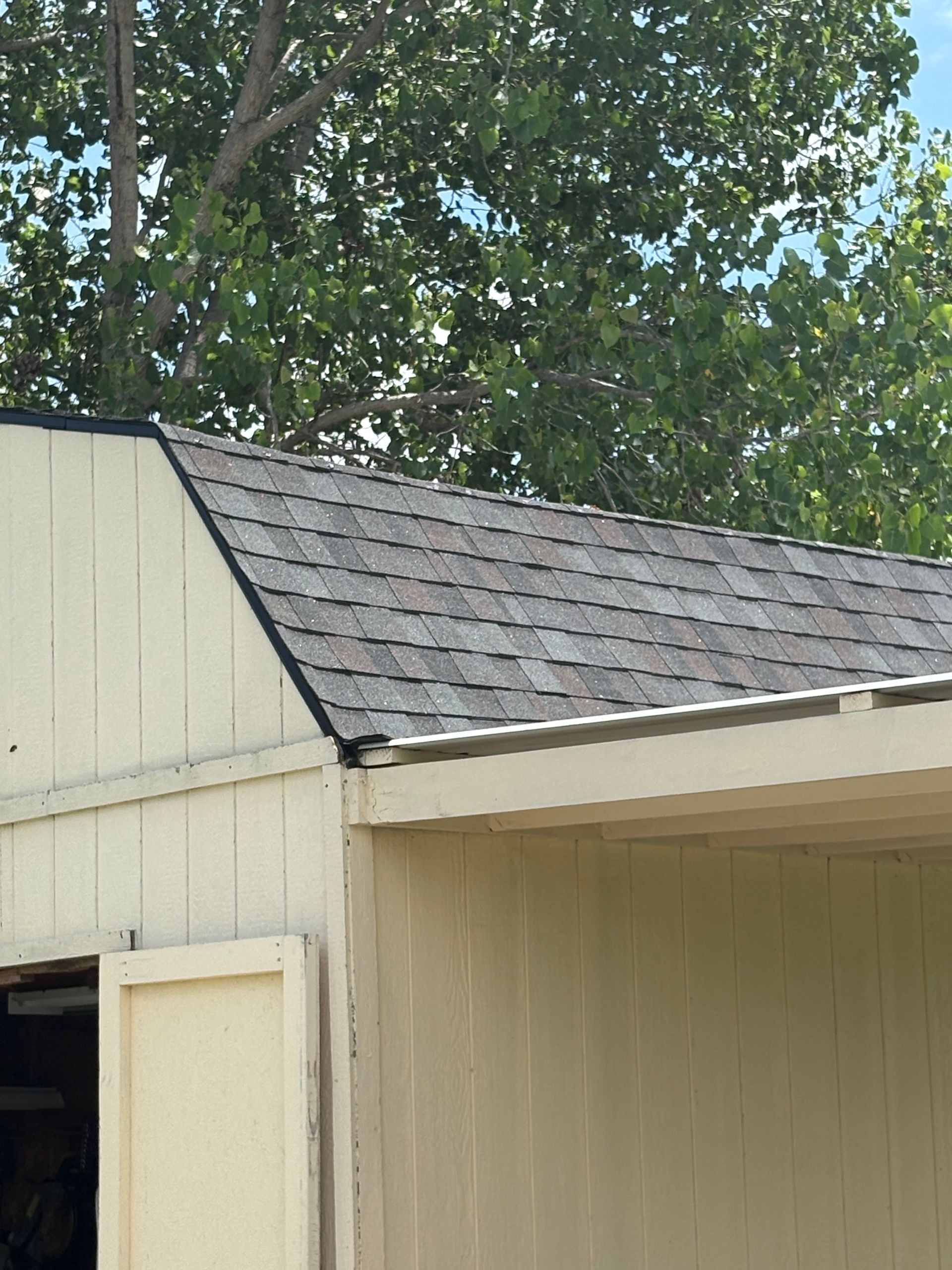 Yellow shed with a gray shingled roof, trees in the background.