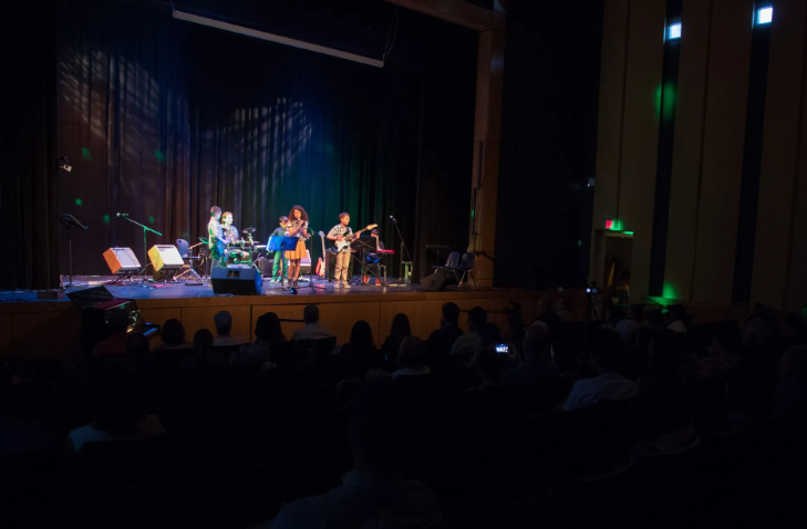 Band performing on stage in a theater. Audience in the dark. Colorful stage lighting.
