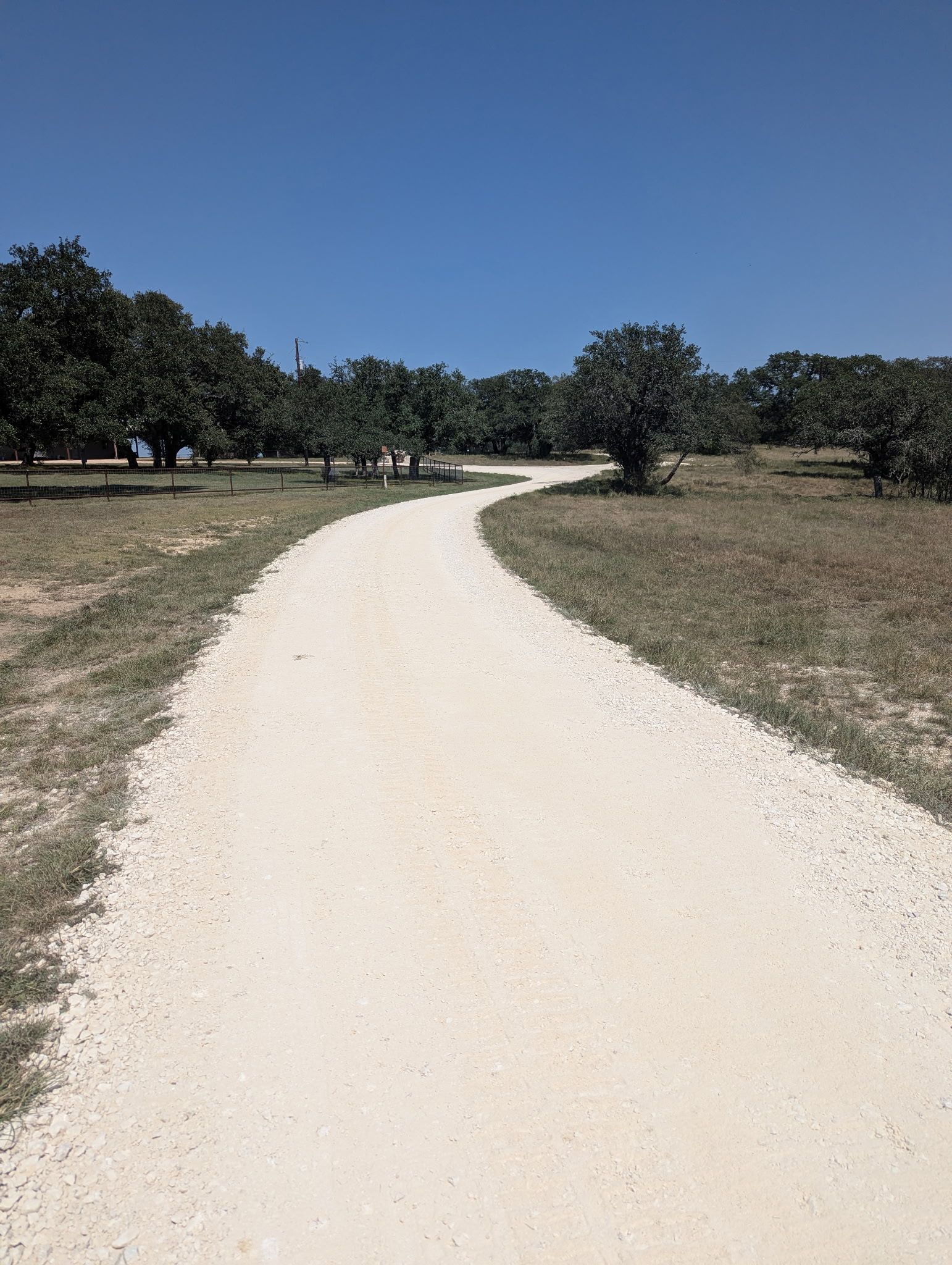 A winding gravel path through a park with trees and a bright blue sky.