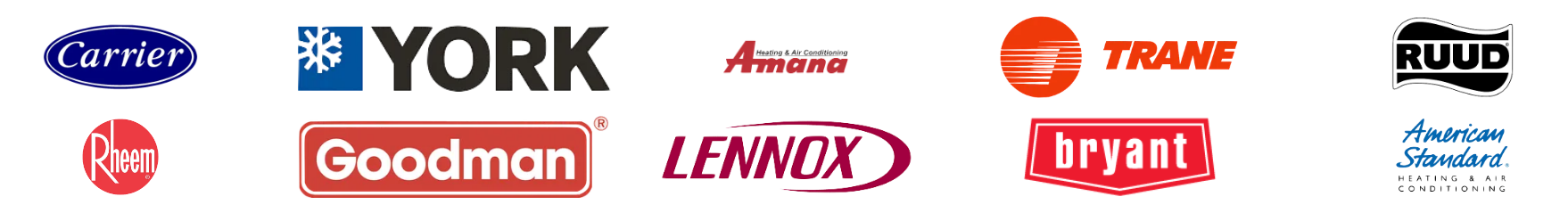 Logos of HVAC brands: Carrier, York, Amana, Trane, Ruud, and others.