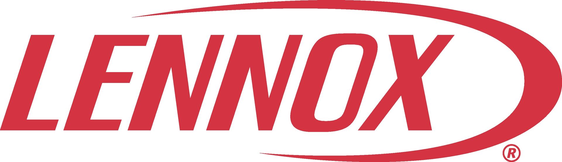 Lennox logo in red with a curved red line around the text.