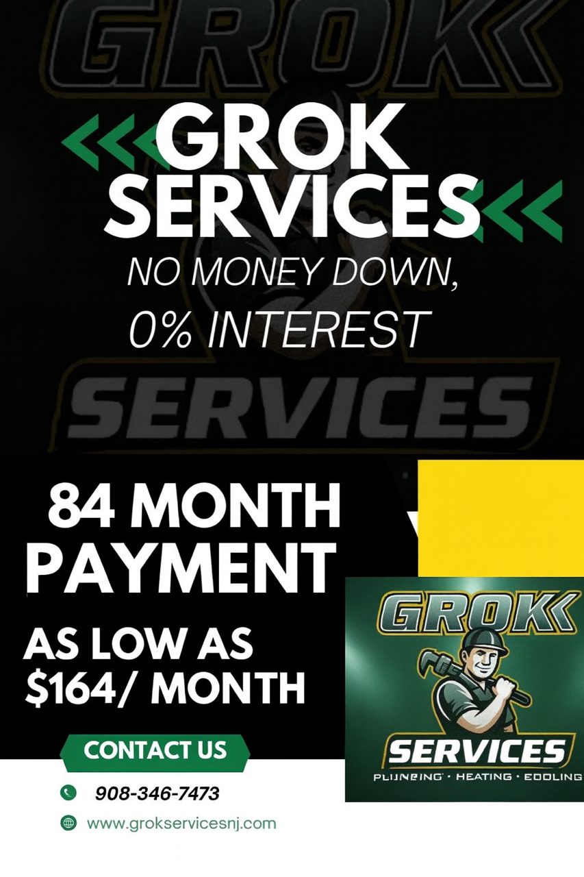 Advertisement for GROK Services: plumbing and repairs with 0% interest and 84-month payment plan.