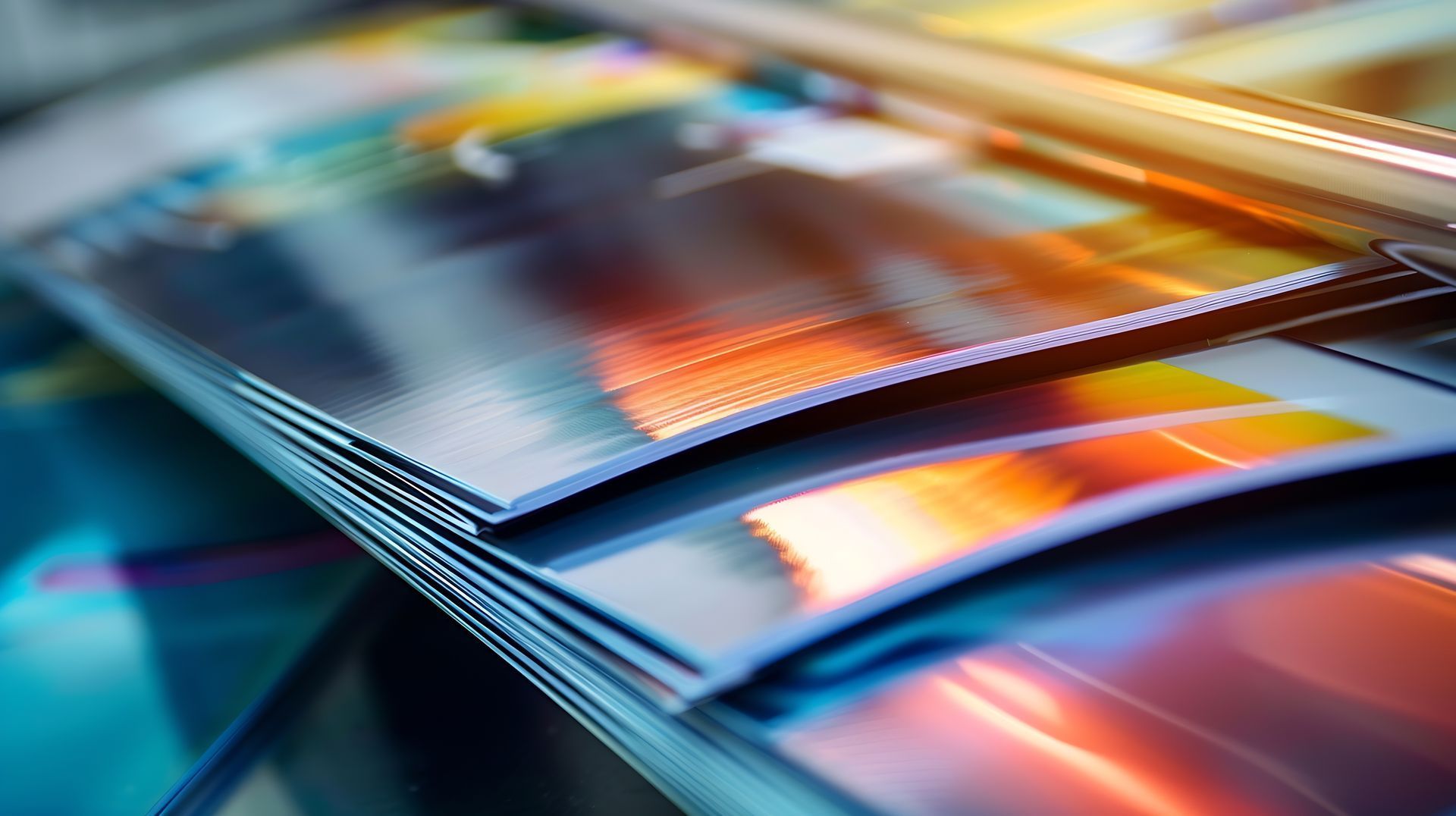 Pile of printed brochures with vibrant colors and glossy finish.