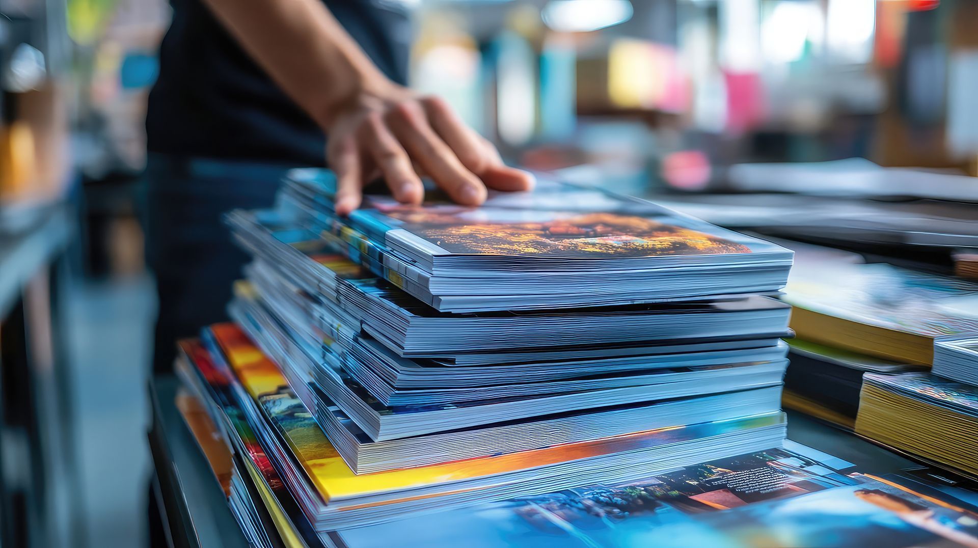 Person's hand on a stack of colorful brochures on a counter, likely in a print shop.