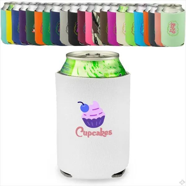 A white can cooler with a cupcake graphic, holding a can; several colored coolers in the background.