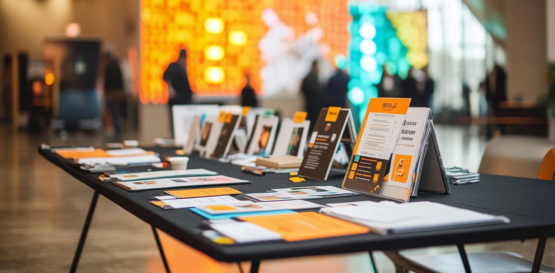 Table with informational brochures and event backdrop.