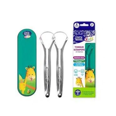 A pair of tongue scrapers in a case with a giraffe on it.