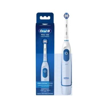 An Oral-B electric toothbrush is sitting next to its box.