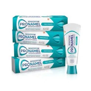 Sensodyne pronamel toothpaste is stacked on top of each other.