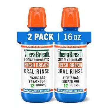Two bottles of thera breath fresh breath oral rinse