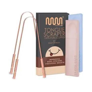 A tongue scraper made of pure copper is sitting next to a box.