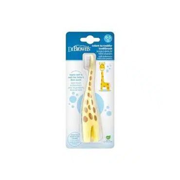 A baby toothbrush with a giraffe design on it.