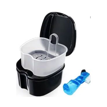 A black container with a clear lid and a blue bottle