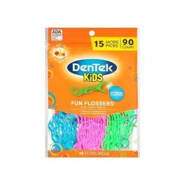 A bag of Dentek Kids Fun Flossers in different colors.