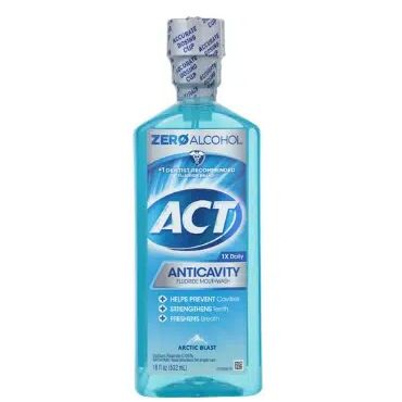 A bottle of act mouthwash with zero alcohol.
