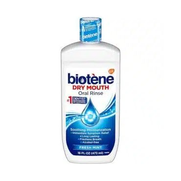 A bottle of biotene dry mouth oral rinse.