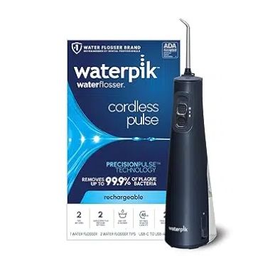 A waterpik cordless pulse water flosser is sitting next to its box.