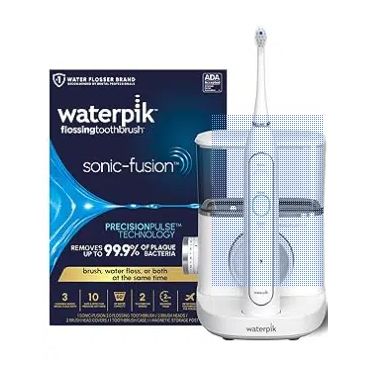 A waterpik sonic fusion flossing toothbrush is sitting next to a box.