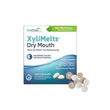 A box of xylimelts dry mouth lozenges.