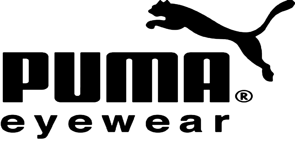 A black and white logo for puma eyewear with a cat on it.