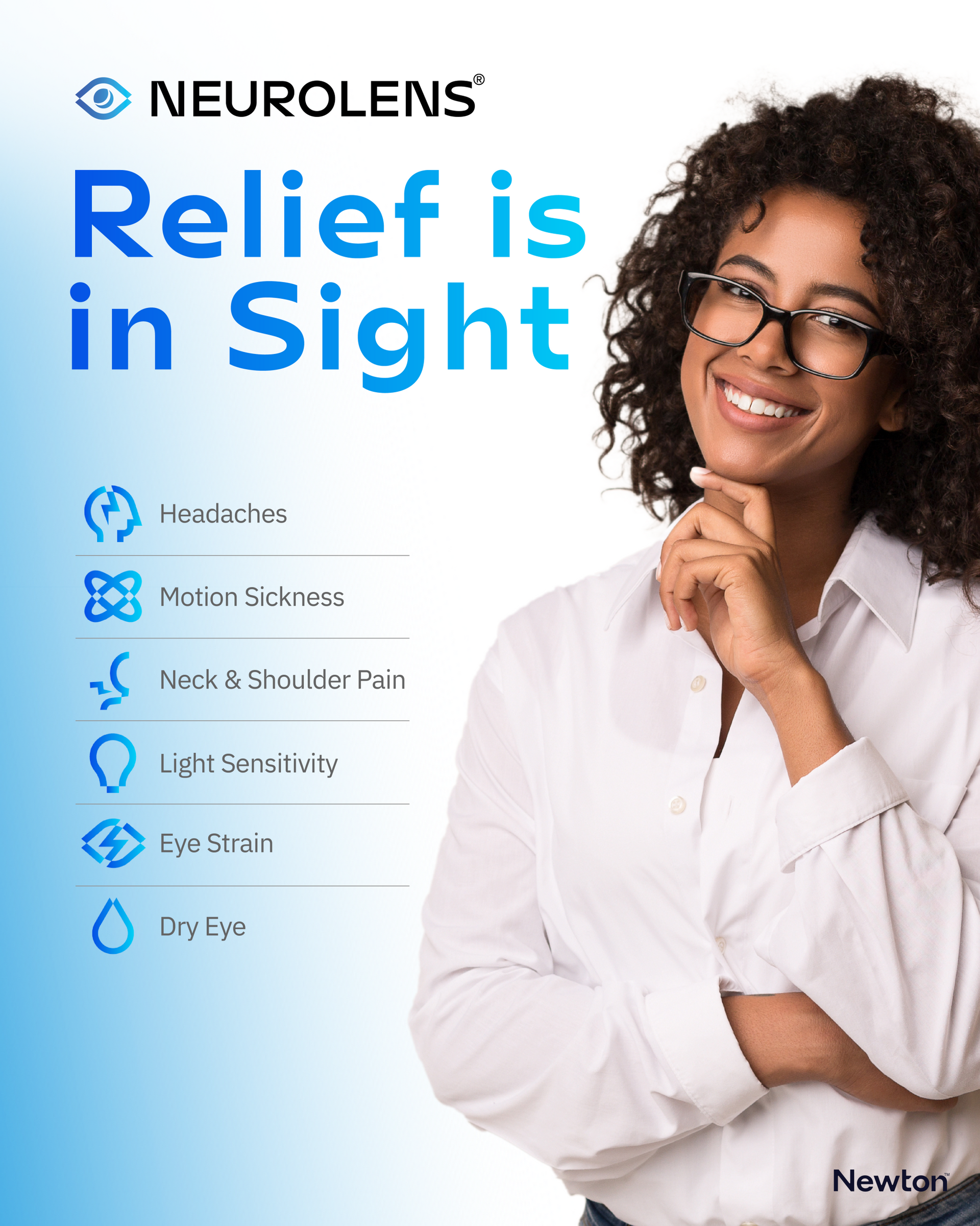 Neurolens ad with smiling person and headline “Relief is in Sight” on a white-and-blue background