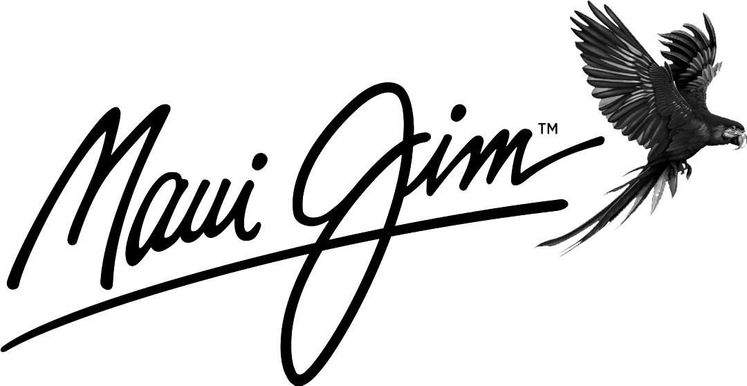 A black and white logo for maui jim with a bird on it.