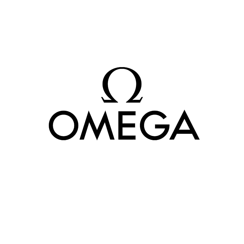 A black and white logo for omega on a white background.