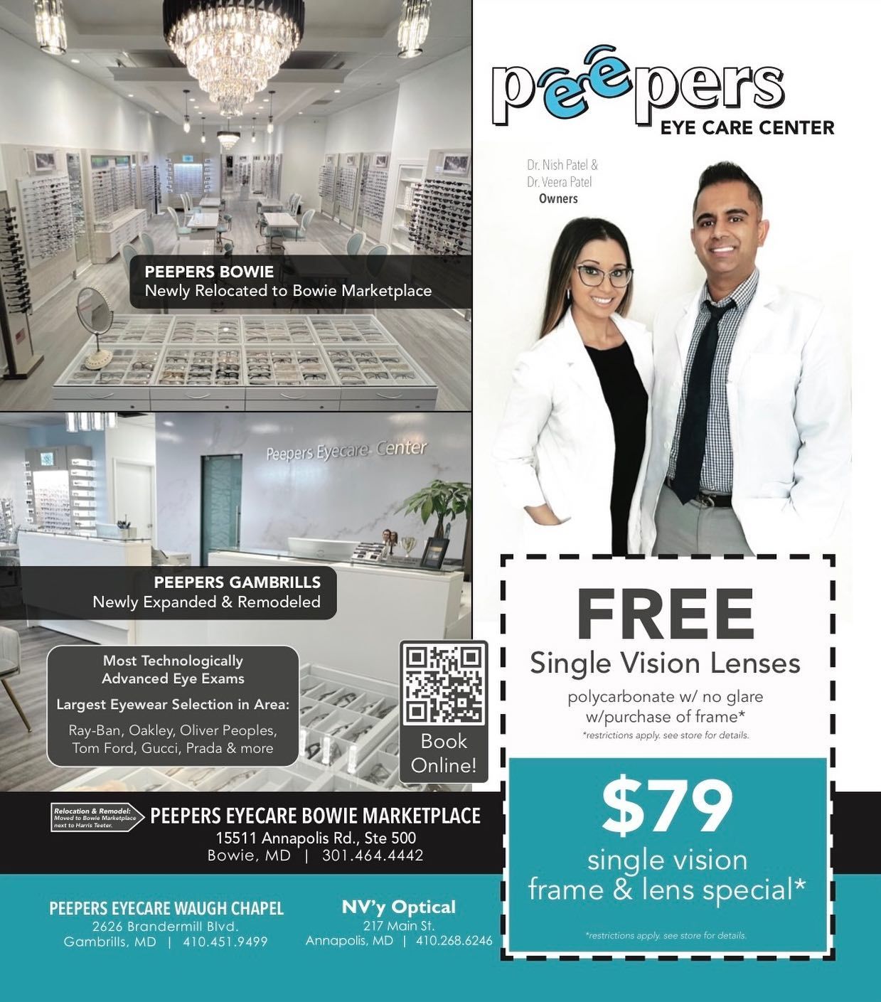 A man and a woman are standing next to each other in front of a sign that says `` free single vision lenses ''.