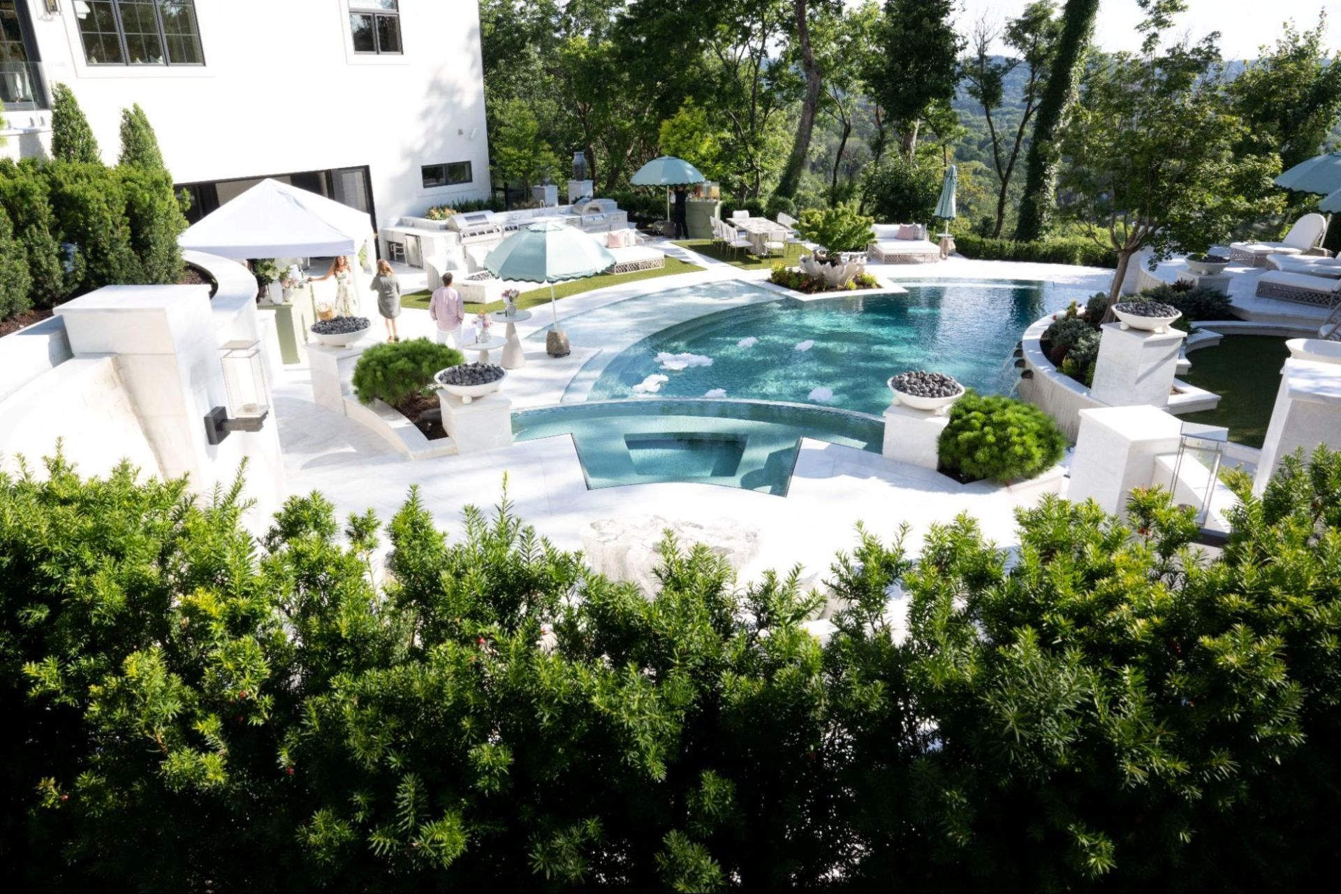 Luxurious white backyard with a pool, shrubs, and trees.