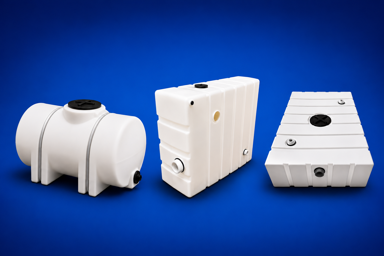 White plastic water storage tanks on a blue background, shown from different angles.