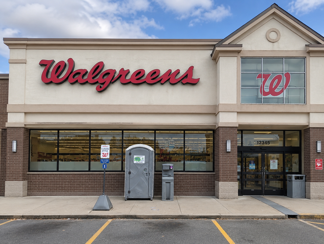Walgreens storefront with red sign, windows, and a portable toilet on the sidewalk
