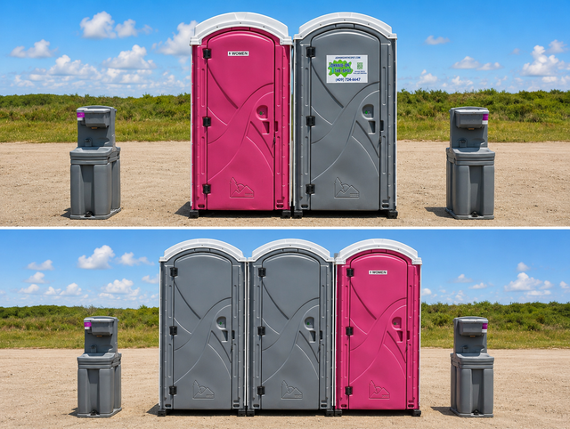 Pink and gray portable toilets in a sandy field under a blue sky, shown in two stacked rows