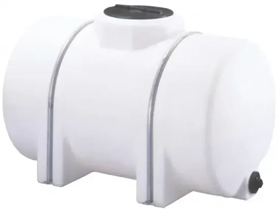 White plastic water tank with black cap and side outlet valve