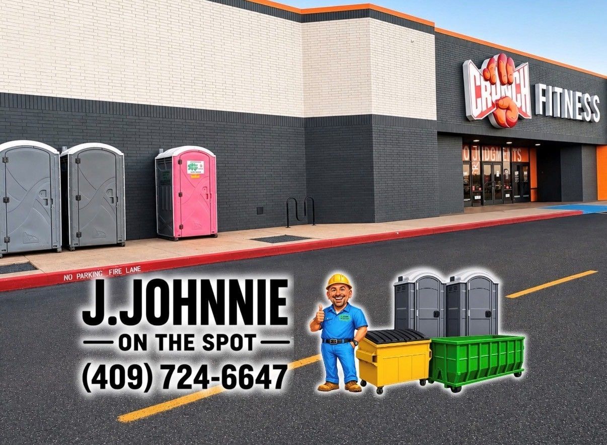 J. Johnnie On The Spot junk removal ad with bins, worker, and store frontage at a fitness center