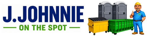 J. Johnnie logo with gray dumpsters, green bin, yellow truck, and worker mascot on white background