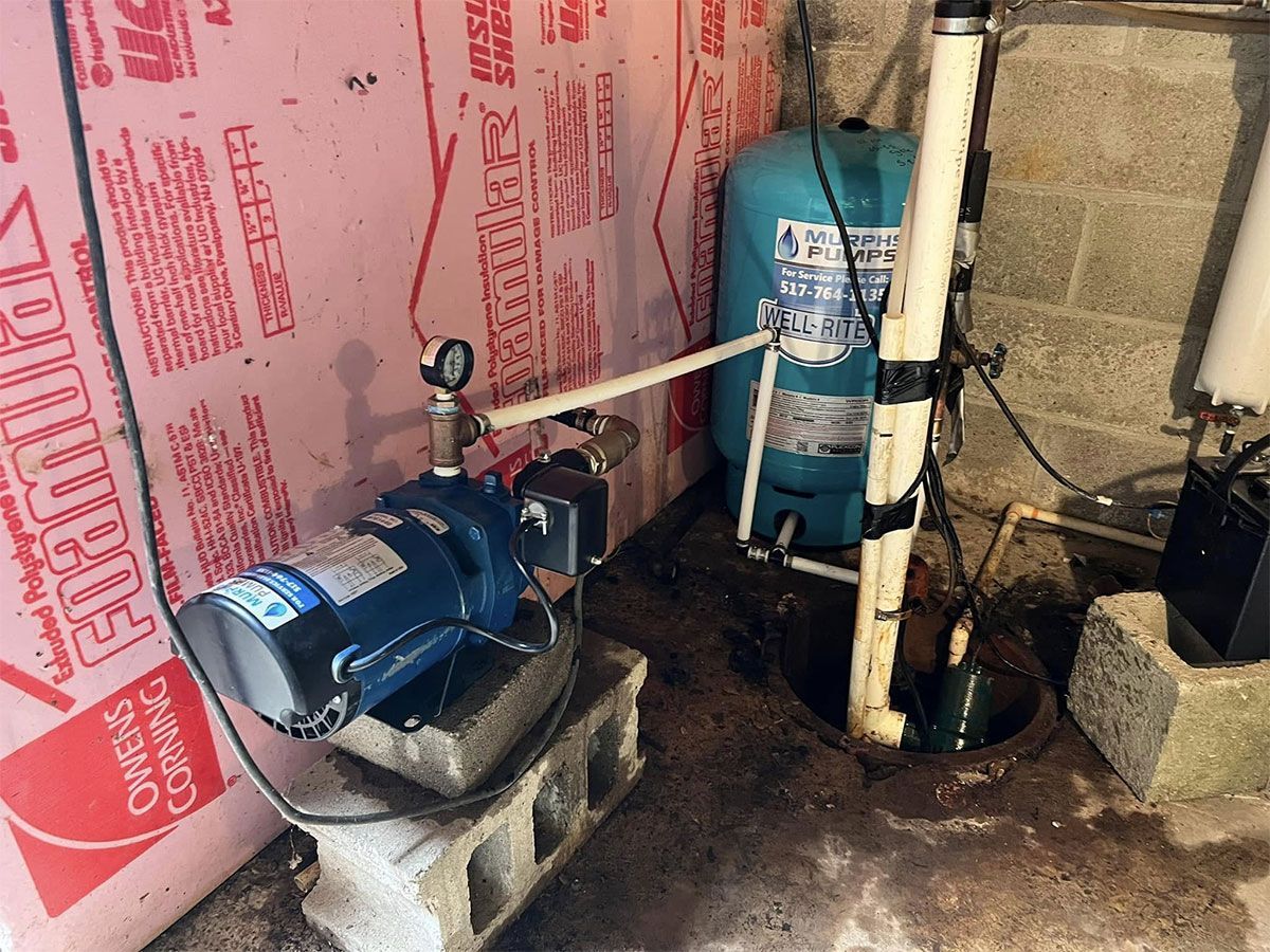 Blue pump and tank in a basement utility area with red insulation and wet floor