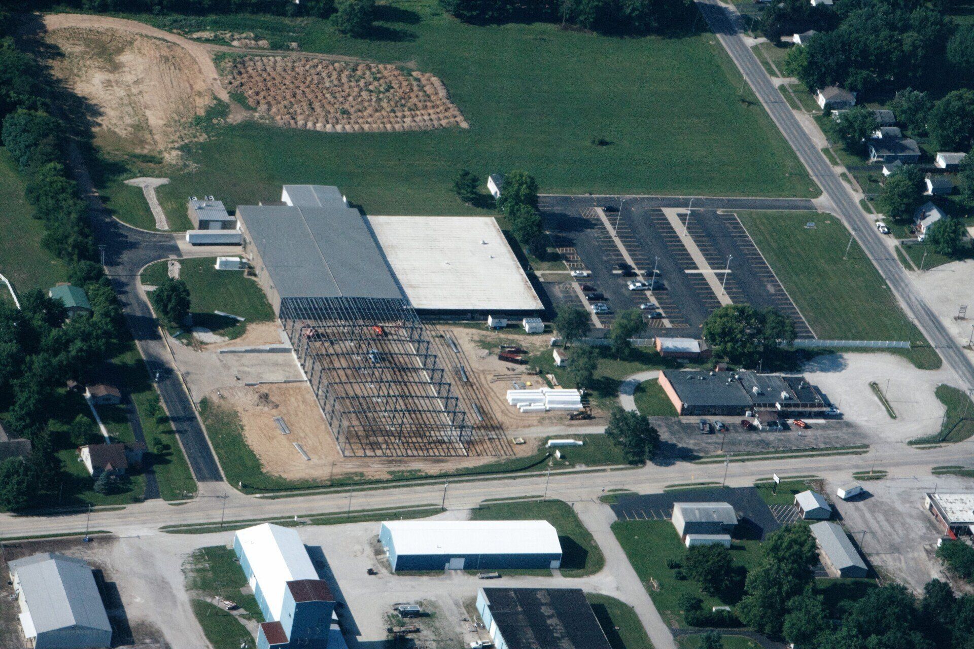An aerial view of a small town with lots of buildings