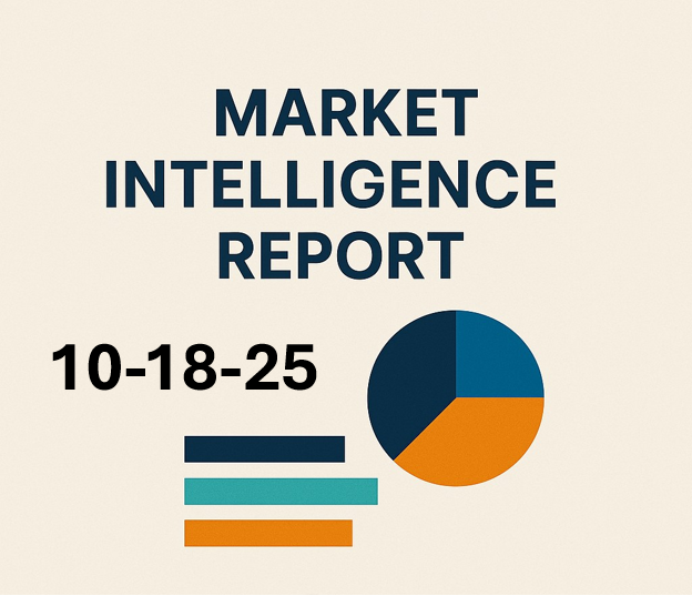 Market intelligence report cover with blue and orange pie chart and bars, dated 10-18-25