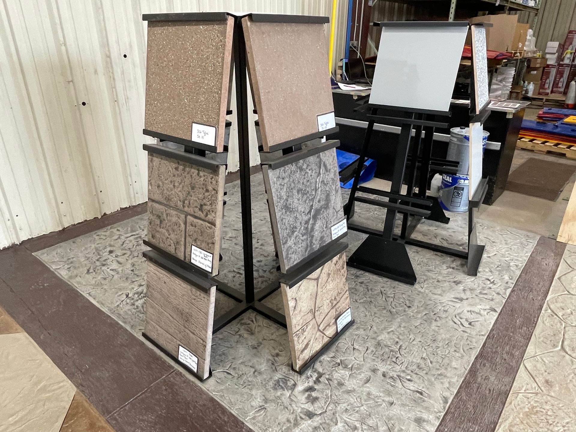 A display of tiles on a stand in a store.