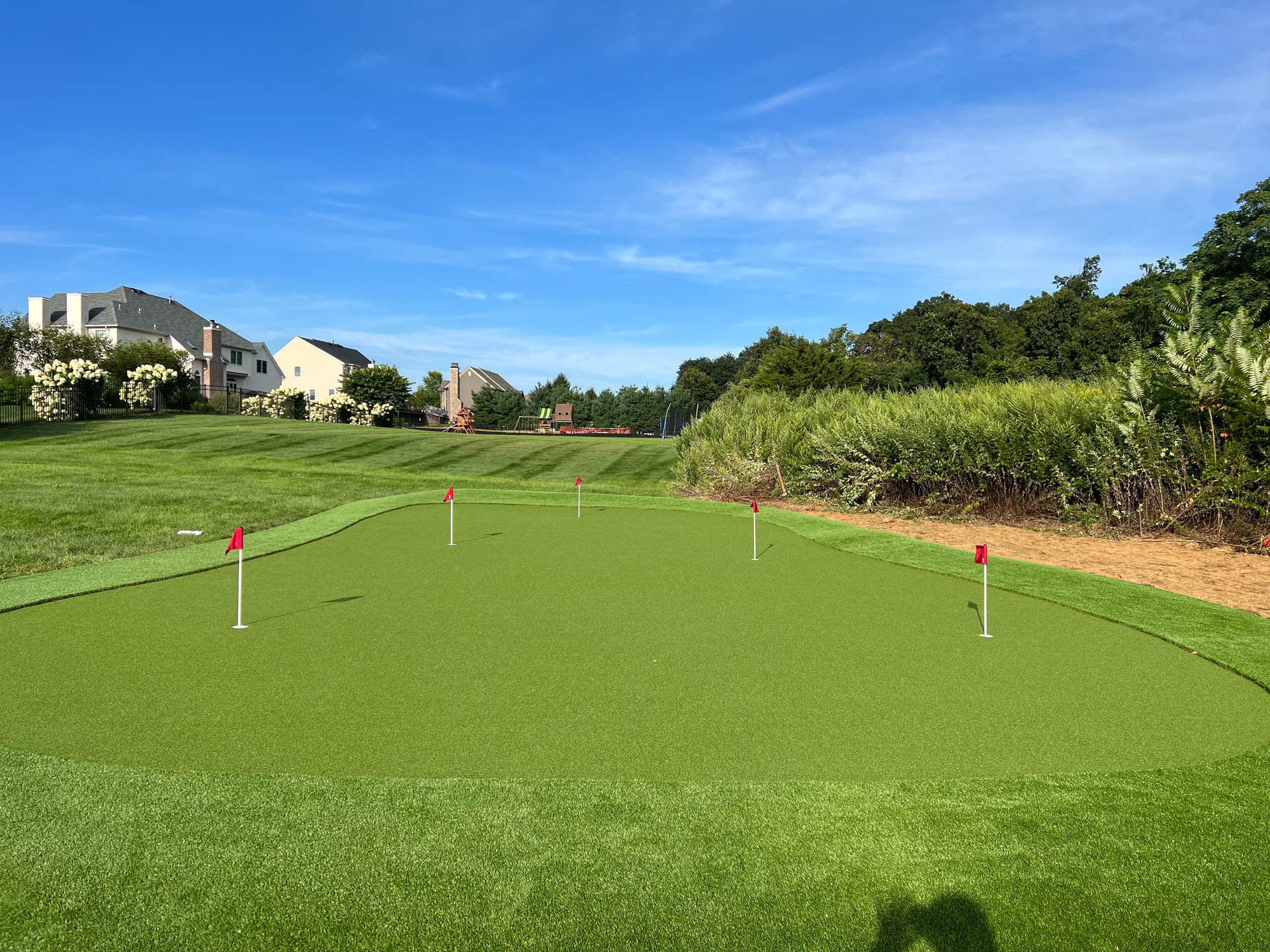 A lawn with an artificial & Synthetic golf putting green in Mendham, NJ