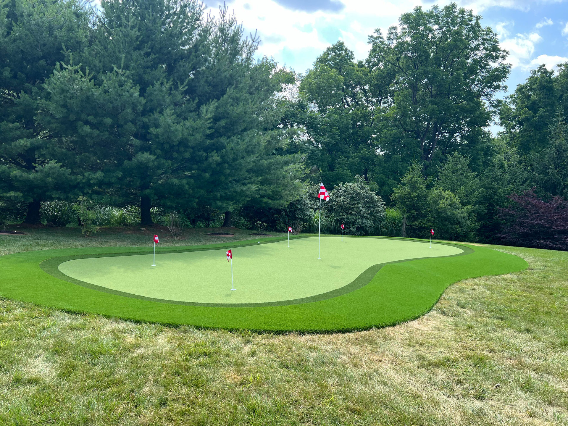 A lawn with an artificial & Synthetic golf putting green in Mendham, NJ 07945